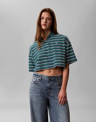 Calvin Klein Jeans Polo corta in piqu&eacute; verde-azzurro a righe-Blu