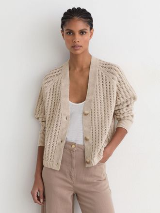 Reiss Neutral Cotton-blend Open-knit Cardigan, XS