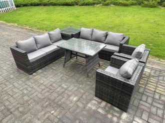 Fimous Rattan Outdoor Furniture Sofa Garden Dining Set with Patio Dining Table 2 Armchairs Side Table 8 Seater in Dark Grey