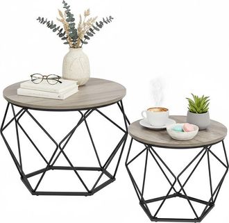 Relaxdays Mesa De Centro Relaxdays, Juego De 2, Efecto Madera Y Metal, Vintage, Mesas Auxiliares Redondas, Sal&oacute;n, Marr&oacute;n/negro