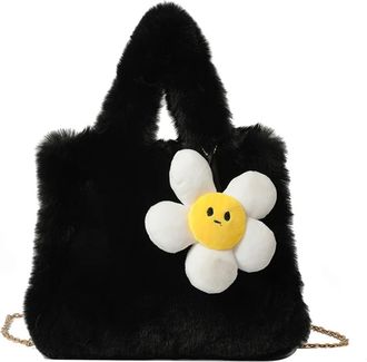 Generic Womens Plush Bags Women Plush Top Handle Bag With Chain Shoulder Solid Color Furry Purse Handbag For Work Travel(Black)