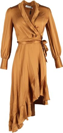 Zimmermann Asymmetric Ruffled Washed-Wrap Dress In Bronze Silk