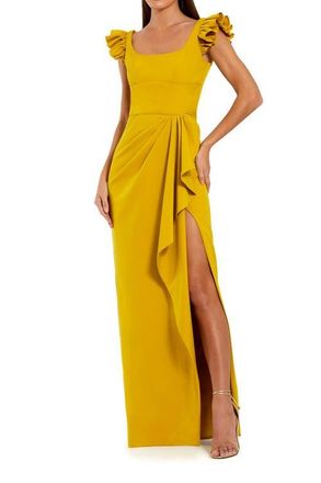 Mac Duggal Crepe Column Square Neck Gown With Ruffle Detail in Chartreuse at Nordstrom, Size 14