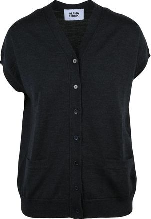 Alpha Studio Grey Button-Down Merino Wool Vest with V-Neckline and Front Pockets
