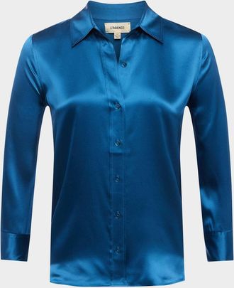 L'agence Dani Silk Satin 3/4-Sleeve Button-Down Blouse