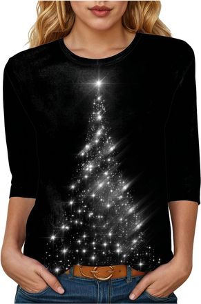 Generic Womens Christmas T Shirts 3/4 Short Sleeve Tops UK Christmas Tree Pullover Ladies Crewneck Christmas Sweatshirts Funny Graphic Tee Shirt Casual Xmas B