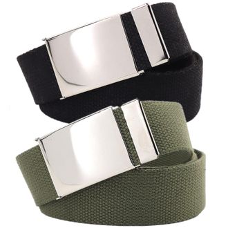 Generic Cotton Belt Men, Women Canvas Web Belt Size Up to 65 with Flip-Top Silver Military Buckle Adjustable Army Style Waist Band, 2 Pack