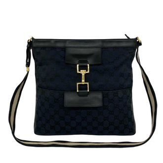 Gucci Black Navy Canvas Leather Shoulder Bag Tote Bag (Pre-Owned)