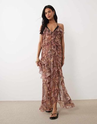 Miss Selfridge Copricostume lungo con stampa cachemire e spalline sottili con volant-Multi