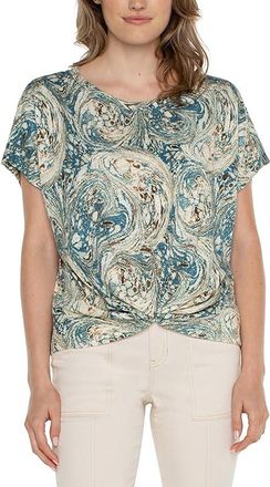 Liverpool L.A. Petite Crew Neck Dolman With Twisted Front Detail Womens Clothing Ocean Blue Ecru Marble : PM, Polyester/Viscose
