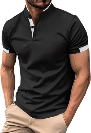 Generic Mens Short Sleeved Polo Shirt - Button Stand-up Collar Round Neck Tops Simple Solid Color Pocketless Design Tops Summer Casual Business Wear Outdoor B
