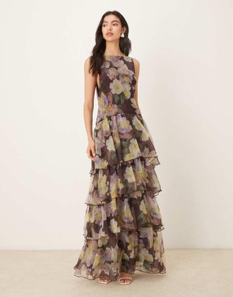 Asos Vestito lungo con vita scesa in chiffon e organza con volant e stampa a fiori-Multicolore