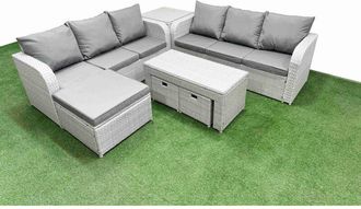 Fimous Outdoor Garden Furniture Sets 9 Seater Wicker Rattan Furniture Sofa Sets with Oblong Coffee Table high Back Lounge Sofa 3 Stools Light Grey - Fimous