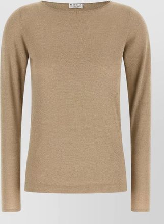 Brunello Cucinelli cashmere silk lam&eacute; boat neck long sleeve sweater