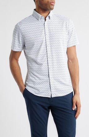 Mizzen+Main Halyard Trim Fit Geo Print Short Sleeve Button-Up Shirt in Navy Layered Diamond at Nordstrom, Size Small