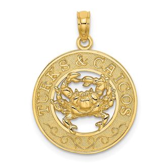 Diamond2Deal 14k Yellow Gold TURKS AND CAICOS Circle with Crab Charm Pendant