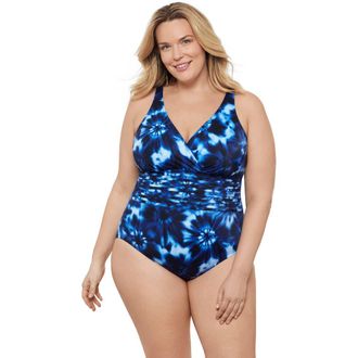 Aqua Green Plus Size V-Neck Surplice Trim Overlay Full Coverage One-Piece Swimsuit in Chic Tie Dye at Nordstrom, Size 2X