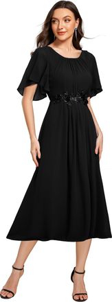Ever-pretty Womens Midi Wedding Guest Dress Crew Neck Short Sleeves with Applique Black 18