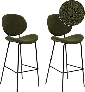 Beliani Beliani - Conjunto De 2 Sillas De Bar Boucl&eacute; Hierro Patas Negras Tapas Sin Reposabrazos Dise&ntilde;o Retro Asientos Comedor Verde Oscuro Luana