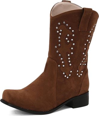Generic Womens Western Cowboy Boots Suede-Like Fabric Decorative Studs Mid-Calf Low Block Heels Comfortable Fashion Footwear For Casual Outings Country Style,