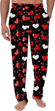 Generic Mens Valentines Day Pyjama Bottoms Heart Print Straight Leg Comfy Casual Trousers Elasticated Waist Lounge Pants with Pockets Loungewear Bottoms Gift 