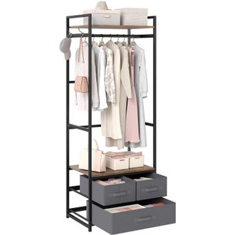 Costway Freestanding Garment Rack with Drawers Shelves Metal Frame Side Hooks Bedroom Brown