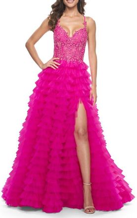 La Femme Neon Ruffle Tulle Prom Gown with Illusion Lace Bodice and High Slit in Hot Fuchsia at Nordstrom, Size 2