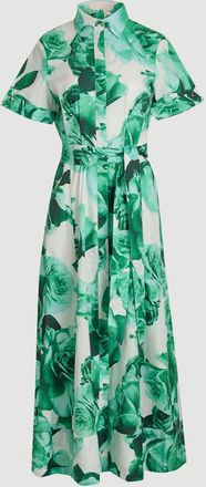 Karen Millen Womens Rose Print Cotton Sateen Floral Woven Belted Maxi Shirt Dress - Green - Size 12 UK