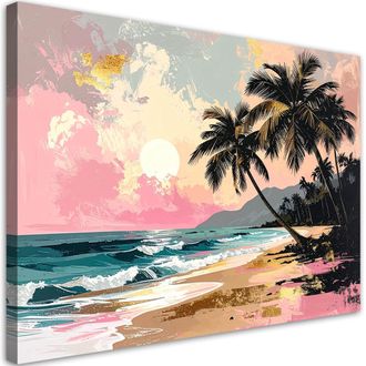 Feeby Cuadro En Lienzo, Playa Tropical Con Palmeras Y Mar En Tonos Pastel Rosa, 100x70
