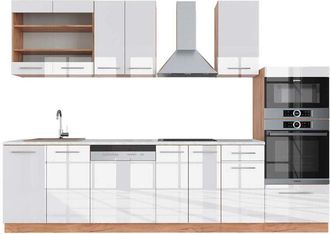 Vicco Mueble De Cocina Fame-line, Blanco Brillo Intenso/roble Dorado, 300 Cm Con Armario Alto, Et M&aacute;rmol