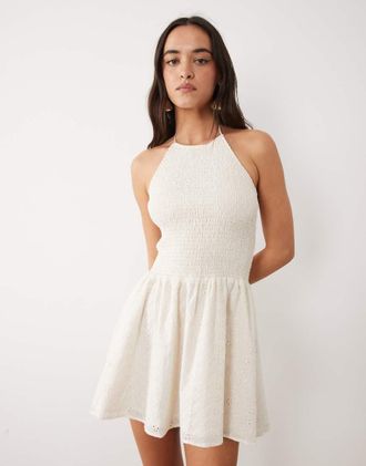 Esm&eacute;e Vestito corto allacciato al collo in pizzo color panna-Bianco