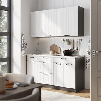 Vicco Cocina Para Solteros Fame-line, Blanco Casa De Campo/antracita, 150 Cm, Et Antracita, Vicco