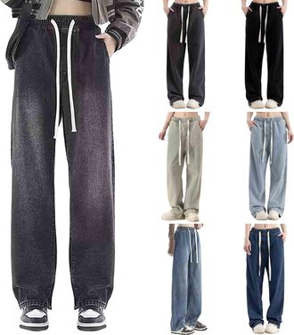 Generic Womens Jeans Plus Size, Women Jeans Black - Comfy Drawstring Wide-Leg Trousers With Pockets Classic Going Out Jean Trouser Loose Fit Boyfriend Pant Ca