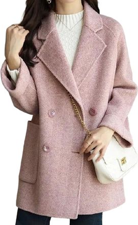 Generic Women Wool Blend Coat Herringbone Thick Loose Peacoat Double Breasted Notch Lapel Button Dressy Blazer Jacket With Pockets Pink Large