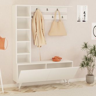 Dmora Mueble De Entrada Gordona, Perchero, 6 Estantes, Apertura Abatible, 120x32x162h Cm Blanco