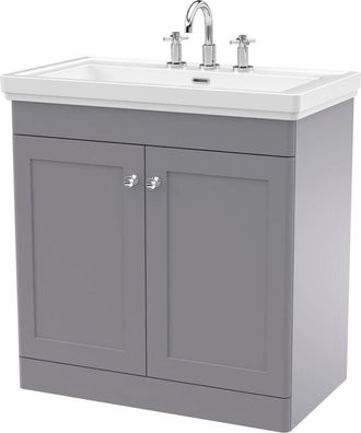 Nuie Nuie - Classique Satin Grey 800mm 2 Door Vanity Unit and Classic Fireclay Basin with 3 Tap Holes - CLC226B