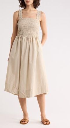 Ellen Tracy Smocked Cotton Poplin Fit & Flare Dress in Stone at Nordstrom Rack, Size Medium