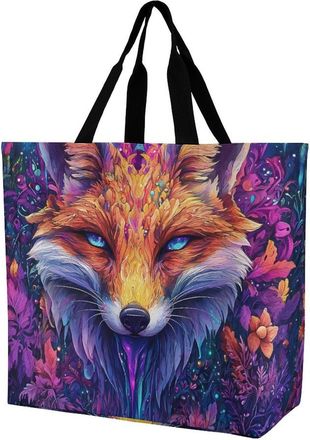 Generic Colorful Fox Reusable Shopping Bags One Shoulder Grocery Tote Bag Waterproof Big Purse for Work Travel