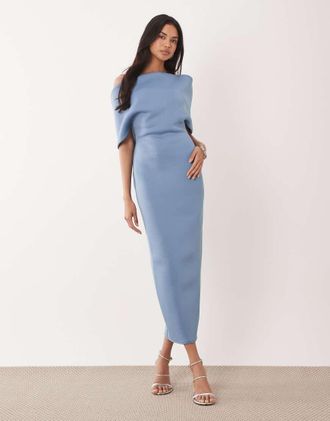 Asos Vestito midi blu ardesia in tessuto effetto scuba con retro stile mantella e scollo alla Bardot profondo