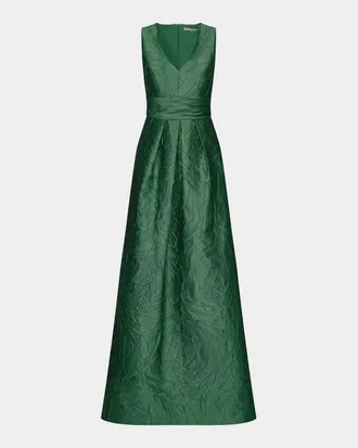 Kay Unger Mariah V-Neck Sleeveless Jacquard A-Line Gown