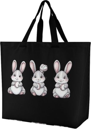 Generic Baseball Easter Bunny Rabbits Easter Day Large Reusable Shopping Bag Lightweight Foldable Tote Bags Washable Shoulder Handbag