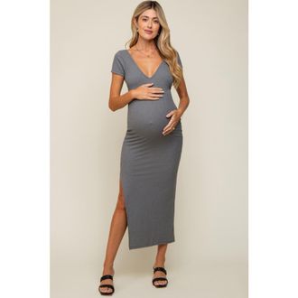 Pinkblush Basic Ribbed Side Slit Midi Dress in Grey at Nordstrom, Size Large