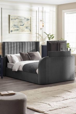 Julian Bowen Clara Upholstered TV Ottoman Storage Bed in Dark Grey | Size: Double