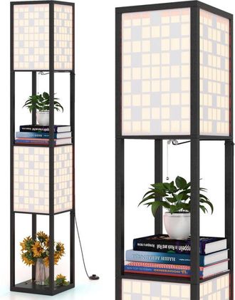 Costway 2-Light Floor Lamp Wooden Shelf Lamp with Shelves-Black