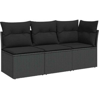 vidaXL Divano da Giardino a 3 Posti con Cuscini Nero in Polyrattan - Vidaxl