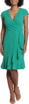London Times Ruffle Cap Sleeve Scuba Knit Dress in Medium Green at Nordstrom Rack, Size 12P