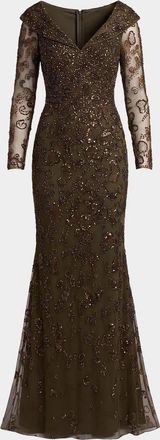 Mac Duggal Beaded Lace Long Sleeve Gown