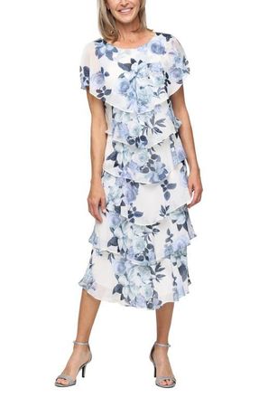 S.L. Fashions Floral Tiered Cocktail Midi Dress in Ivory/blue at Nordstrom, Size 18