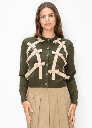 YAL New York Cropped Olive Knit Cardigan with Bow Trim