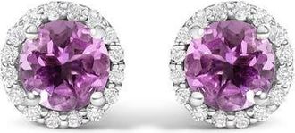 House of Brilliance 10K Gold Gemstone and 1/6 Cttw Diamond Halo Stud Earring in White | Purple Amethyst at Nordstrom